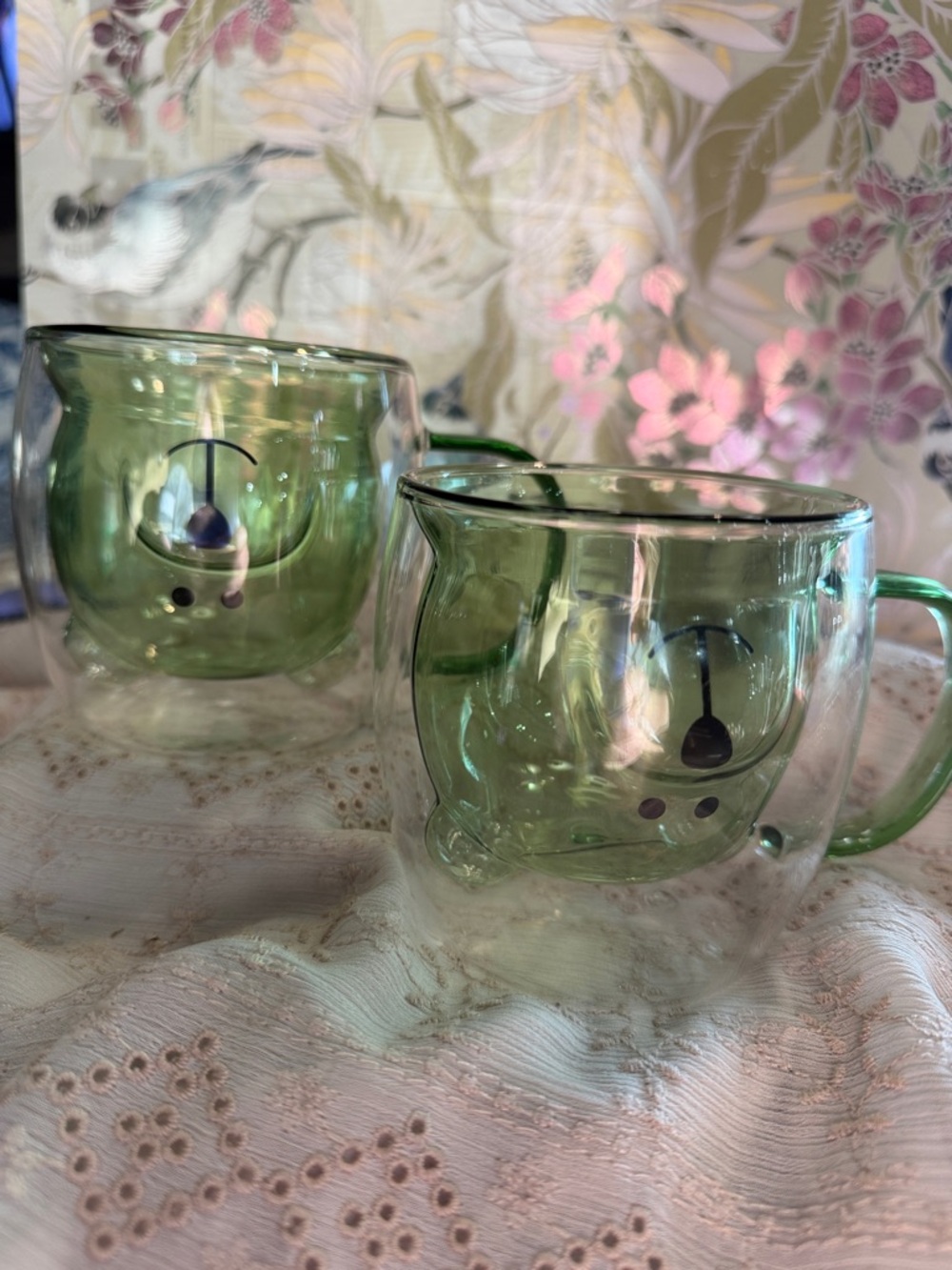 Green Smiley Double-Walled Glass Mugs